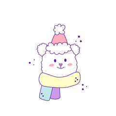 cute polar bear in scarf and hat kawaii vector illustration on white background.  Kid's soft card, print.