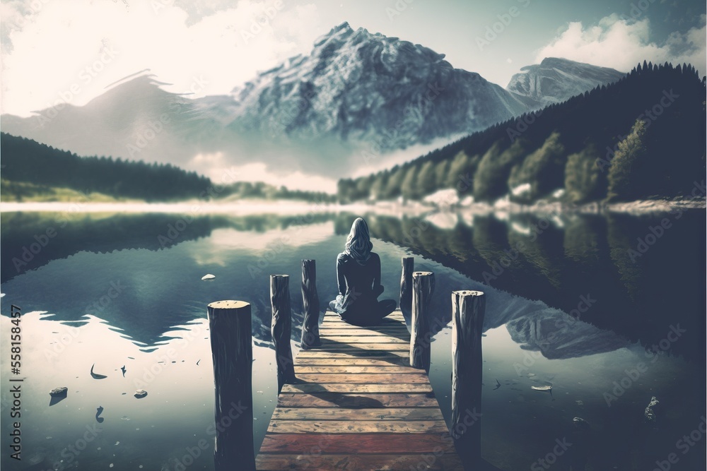 Poster a person sitting on a dock in front of a mountain lake with a mountain range in the background and a lake in the foreground with a dock in the foreground, and a., generative ai