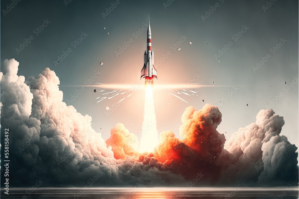 Poster a space shuttle launching into the sky with clouds and birds flying around the space shuttle is in t