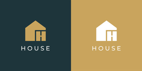 House Logo. White and Gold House Symbol with H Letter isolated on Double Background. Usable for Real Estate, Construction, Architecture and Building Logos. Flat Vector Logo Design Template Element.