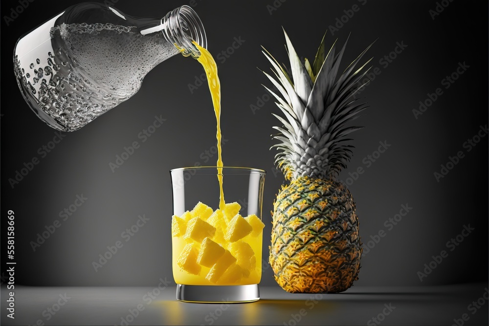 Aufkleber a pineapple is being poured into a glass of juice next to a pineapple and a pineapple on a table wit