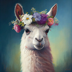 Llama with flowers on its head ai art - obrazy, fototapety, plakaty
