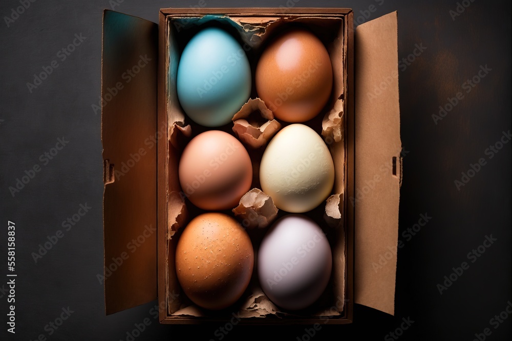 Poster a cardboard box filled with different colored eggs on a black background with one egg in the middle of the box and one egg in the middle of the box with the eggs in the other., generative ai