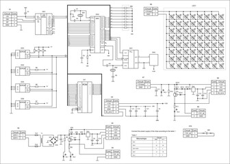 Vector drawing of an electrical schematic
diagram of an electronic device, operating under the control
of a microcontroller. The device is powered
by a solar battery. Alternative energy source.