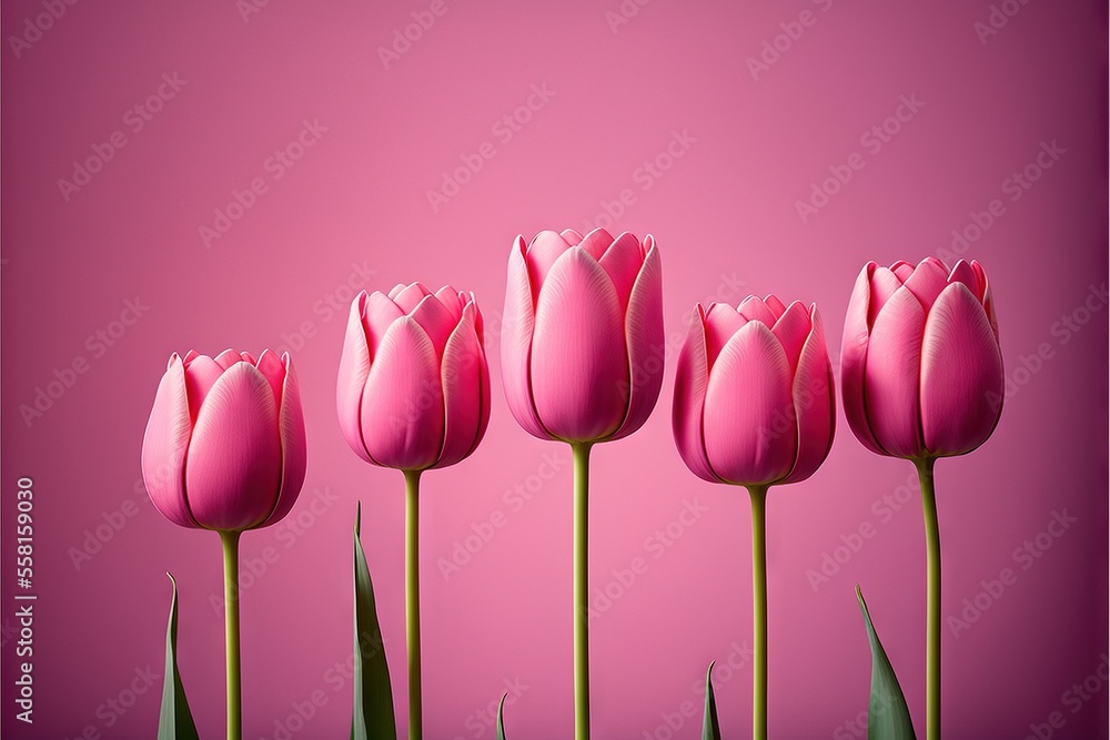 Poster a group of pink tulips in front of a pink background with green stems in the foreground and a pink w