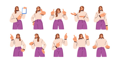 Person pointing with index finger, indicating. Happy woman showing up and down, to side with hand gesture, presenting, advertising, informing. Flat vector illustrations isolated on white background