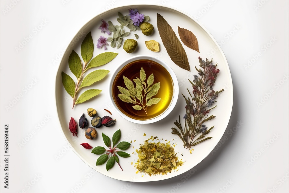 Aufkleber a white plate topped with a cup of tea next to a bunch of leaves and nuts on top of it on a white ta