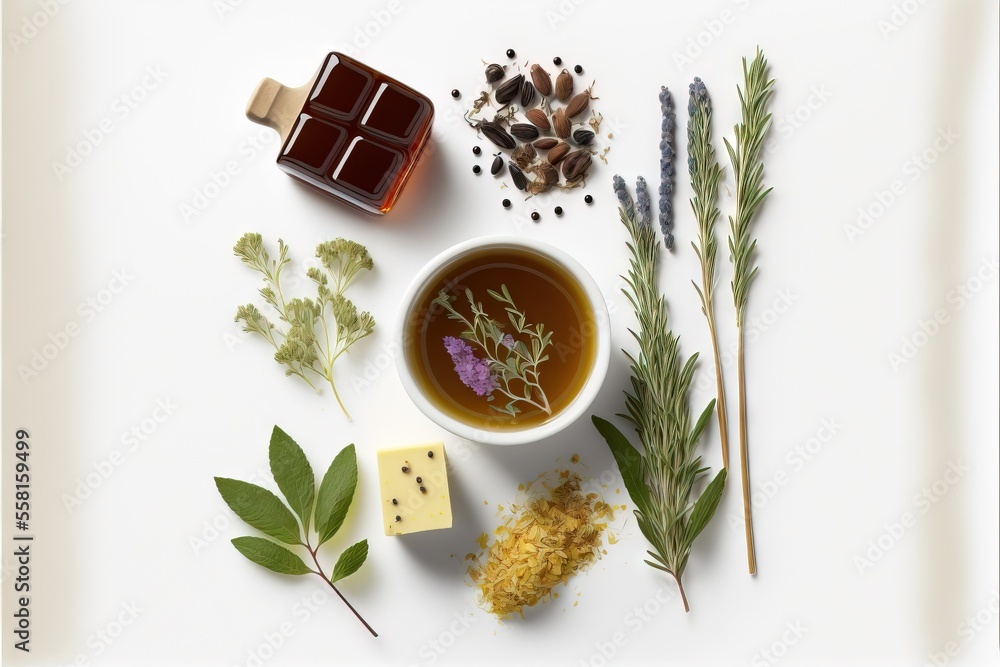 Poster a cup of tea surrounded by herbs and other items on a white surface with a white border around the c