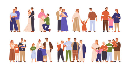 Fototapeta premium Growing family life stages concept. Love couple relationship development, marriage, pregnancy, becoming parents, mother and father for children. Flat vector illustrations isolated on white background