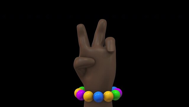 3D animation of a cartoon hand with four fingers that  Peace emoji against different colorful backgrounds. Thumbs up hand animation.