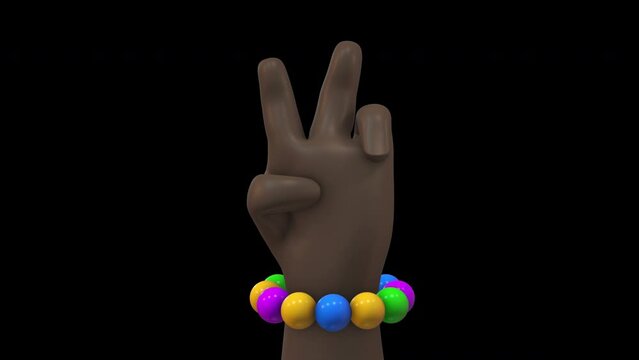 3D animation of a cartoon hand with four fingers that  Peace emoji against different colorful backgrounds. Thumbs up hand animation.