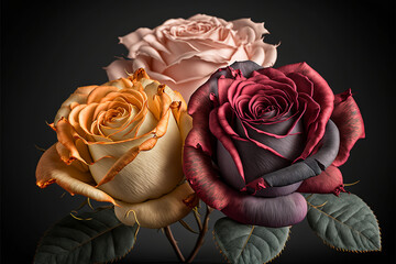 Vintage classic multicolor bouquet of roses on a dark  background. Generative AI