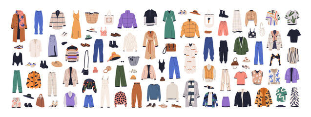 Fashion clothes, garments and accessories set. Female apparel, dresses, pants, modern shoes, coats, sweaters, hats in casual style. Flat graphic vector illustrations isolated on white background