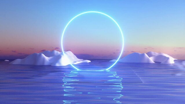 Half sunken abstract neon ring above water. Open circular portal in Antarctica. Frontal view with reflection in clear water . Fantasy background, polar landscape. Futurist or sci fi concept