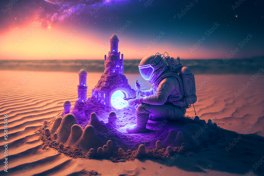 Canvas Prints astronaut building a sand castle on a beach. generative ai