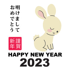 Vector illustration of cute zodiac sign rabbit character celebrating 2023 with English, Japanese and Chinese text for happy new year