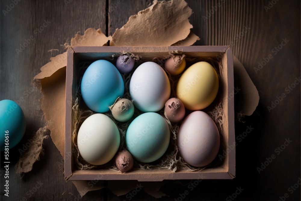Poster a cardboard box filled with colorful eggs on top of a wooden table next to a piece of parchment pape