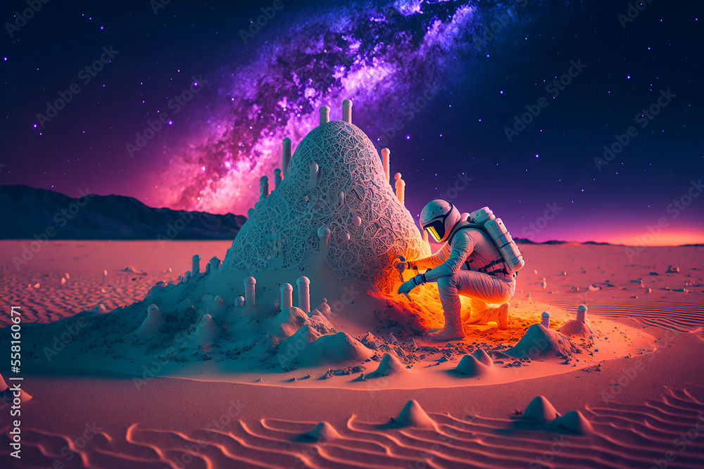 Canvas Prints astronaut building a sand castle on a beach. generative ai