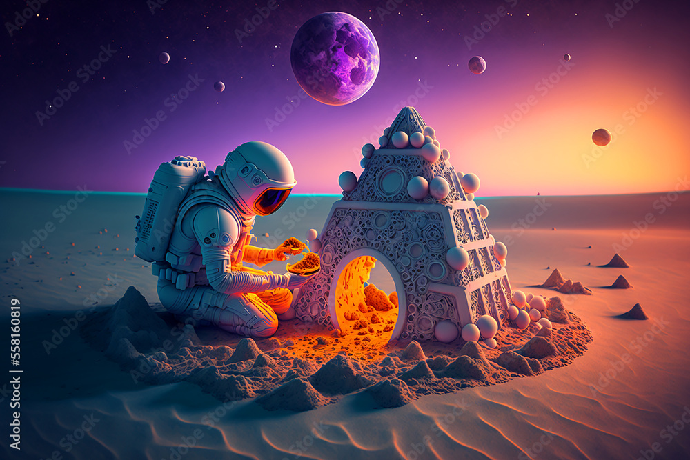 Canvas Prints astronaut building a sand castle on a beach. generative ai