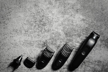 Electric shaver machine with nozzles. Electric shaver top view with copy space.