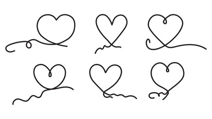 One Continuous line drawing of hearts with love signs. Romantic symbols in simple linear style. Doodle vector