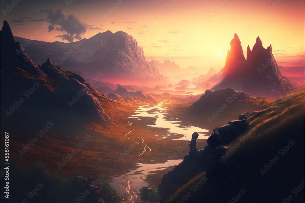 Poster a painting of a river running through a mountainous area with mountains in the background and a suns