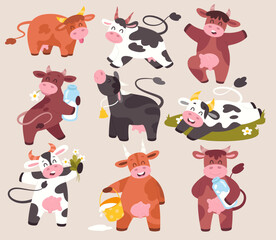 Funny cartoon cows flat icon. Cute domestic animal. Milk in bottle, nutritious grass and chamomile