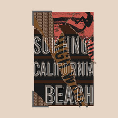 Surfing California Beach Typography  torn paper surfing typographic wall poster text lettering grunge poster T shirt Print graphic design Vector