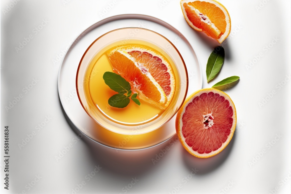Poster a glass of orange juice with a slice of grapefruit on a plate next to the glass and a whole grapefru