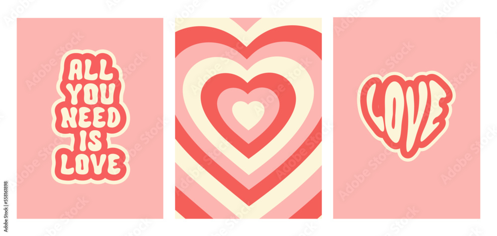 Wall mural groovy romantic set posters. trendy backgrounds in retro style 60s, 70s. happy valentines day greeti