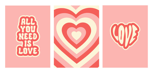 Groovy romantic set posters. Trendy backgrounds in  retro style 60s, 70s. Happy Valentines day greeting card. Vector illustration