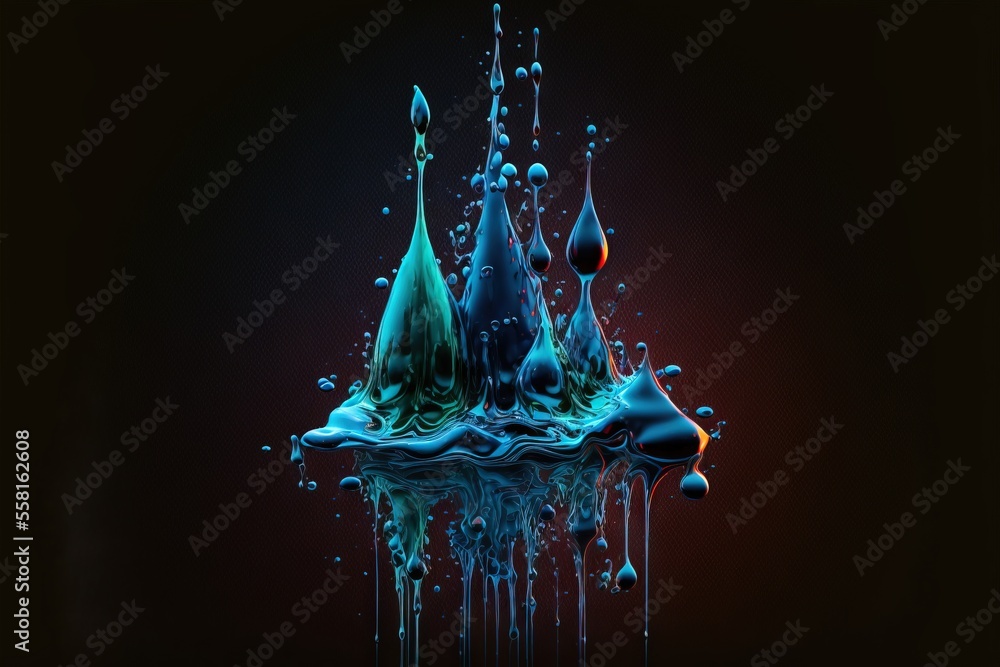 Poster a group of water droplets floating on top of a black surface with red and blue colors on it and a bl