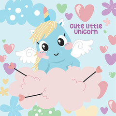 Cute little unicorn flashcard on white background. Funny fantasy cartoon character. It’s for kids fashion artworks, children books, birthday invitations, greeting cards, posters. Vector file. 