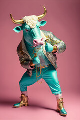 Bull dressed in hiphop clothes with gangster vibes, pastel colored. Generative AI