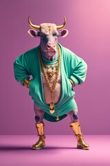 Cow dressed in hiphop clothes with gangster vibes, pastel colored. Generative AI