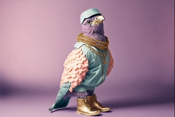 Falcon dressed in hiphop clothes with gangster vibes, pastel colored. Generative AI