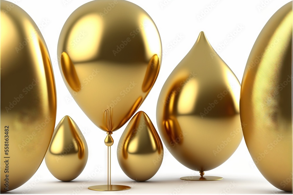 Poster a group of shiny gold balloons on a white background with a gold stand in front of them and a white 