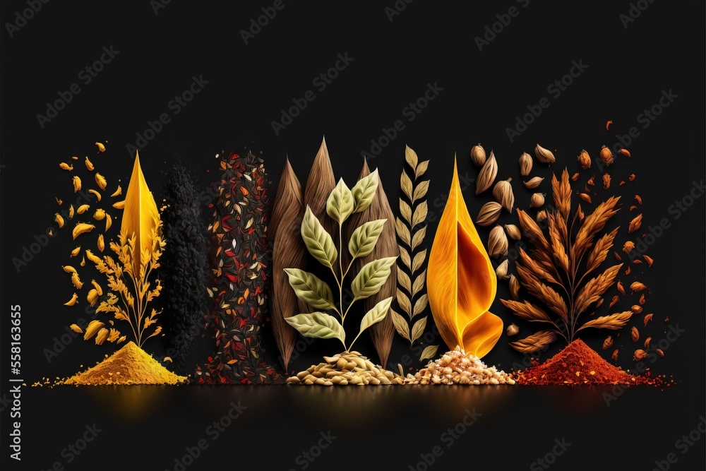Poster a row of different colored plants and leaves on a black background with a reflection of the leaves o