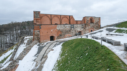 View of Gediminas Upper Castle in vinter, Sventaragis valley, Vilnius, Lithuania