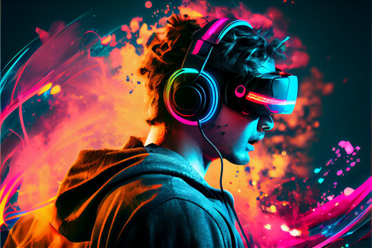 Colorful illustration of boy wearing vr headset and headphones. generative ai
