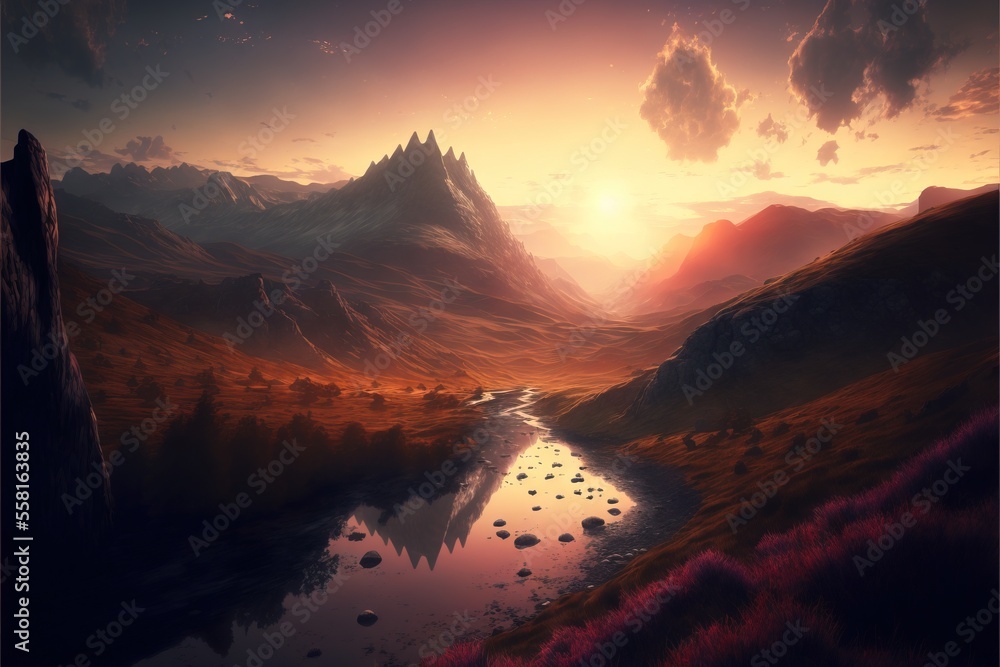 Poster a painting of a river in the middle of a mountain range with a sunset in the background and a mounta