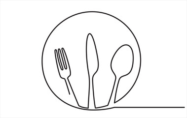 One continuous line plate, knife and fork. Vector illustration minimalism style drawing lineart isolated on white background.