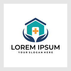 Hospital Logo. House with Cross Plus Sign Combination isolated on Double Background. Flat Vector Logo Design Template Element for Healthcare and Medical Logos.
