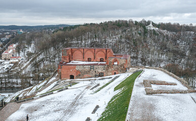 View of Gediminas Upper Castle in vinter, Sventaragis valley, Vilnius, Lithuania