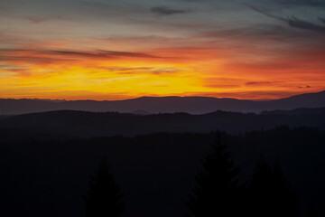 Red sunset in the mountains 