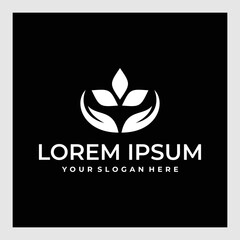 Hand with plant logo. Growth concept. Environment friendly symbol. Eco vector illustration. Hand and Leaf logo.