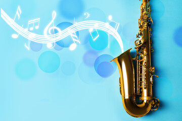 Music notes and other musical symbols flowing from saxophone on light blue background