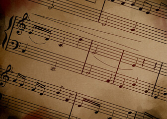 Fototapeta premium Sheet music. Different musical symbols combined into composition on old paper, closeup
