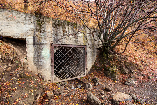 Closed mountain adit along the Old Japanese Road in the Big Almaty Gorge in Almaty in Kazakhstan.