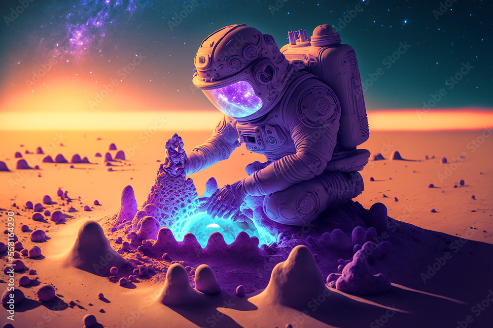 Canvas Prints astronaut building a sand castle on a beach. generative ai